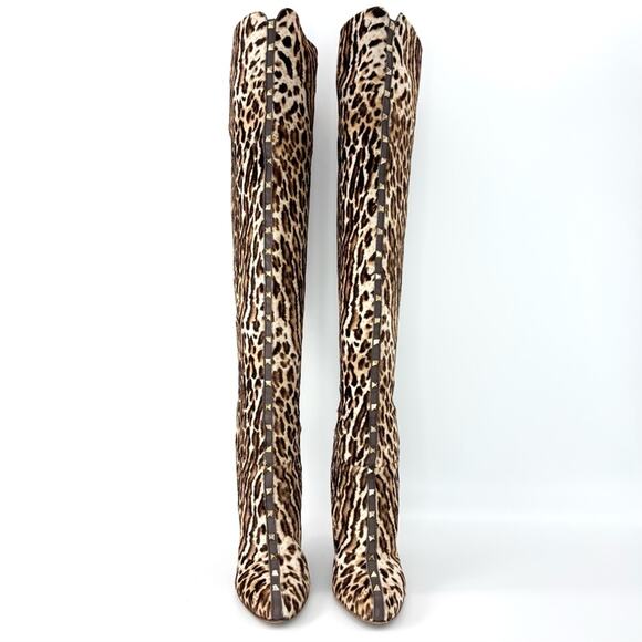 Valentino Rockstud Over the Knee Leopard Print Cowhair Stiletto Boots 40 - Picture 5 of 9